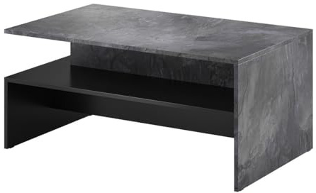 Meublorama Mesa Baja de diseño Ramos – Gris Efecto Pizarra y Negro – Estante intermedio – Estilo contemporáneo