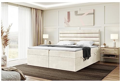 MEBLINI Boxspringbett mit Bettkasten - 180x200 - Gepolstert Doppelbett mit Matratze und Topper - Polsterbett mit Stauraum - Bett mit Kopfteil - Stauraumbett - Karim - H3/Creme Samt