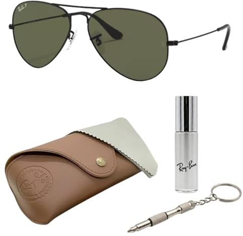 Ray-Ban RB3025 Aviator Pilot Polarisierte Sonnenbrille, BRILLEN-SET | Exklusiv-Etui und Care-Kit - Polished Black/Polarized G-15 Green