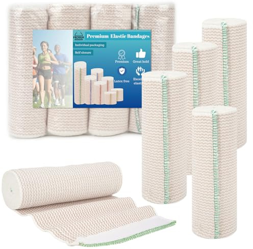 Premium Elastic Bandage Wrap 6 inch 4 Pack Reusable Versatile Self-Closing Compression Bandage Wraps for Ankles, Wrists Knee, Tummy and Body Cotton Lymphedema Wraps for Legs Latex-Free