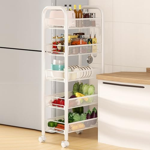 HshDUti Carrito para aperitivos con ruedas, cesta de frutas y verduras con 5 niveles, carrito de almacenamiento de alambre metálico, carrito de cocina (blanco, 5)