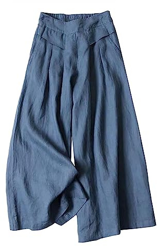 Culotte Damen Sommer Knielange Hosenrock Plissee Lang Mit Taschen Culotte Jogginghose Palazzo Große Größen Lässig 7/8 Hose Marlenehose Linen Pants Leinenhose Marine