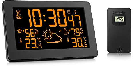 Weather Stations Wireless Weather Station with Outdoor Sensor Colour Weather Forecast Large HD Display Radio Controlled Clock Indoor Outdoor Temp Humidity, Black
