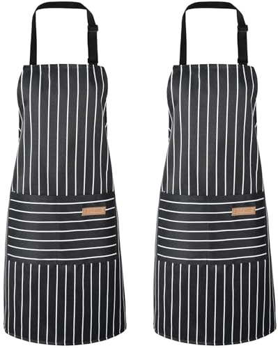 ViEinkaufen 2 Pack Adjustable Kitchen Aprons for Men Women with Pockets, Waterproof Chef Bib Aprons Cooking Apron with 2 Large Pockets for Cooking BBQ, Baking, Cleaning