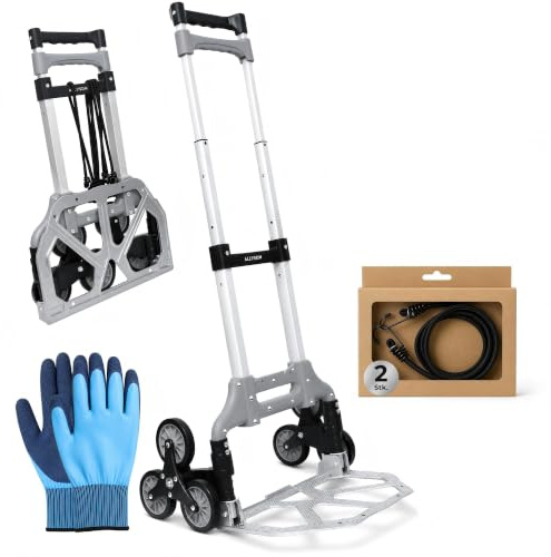 Allyson® Treppensteiger Sackkarre klappbar 6-Rad, bis 80kg (eben), Grau | Auf Treppen bis 30 kg belastbar, mit Vollgummireifen, inkl. Spanngurte & Sicherheitshandschuhe, Aluminiumrahmen, kompakt