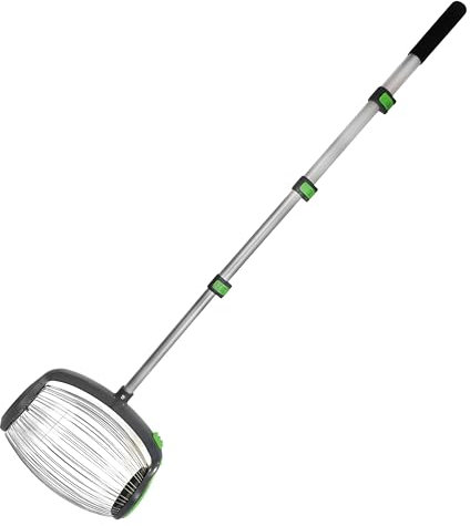 YERD RO7L Rollsammler/Fallobst-Sammler/Aufsammler für Äpfel, Tennisbälle, Große Früchte, inkl. verstellbarem Teleskop-Stiel, robuster Sammelkorb, Fußbedienung zum Entleeren UND Entleerungs-Haken