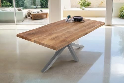 SAM Esstisch Cali | 200 x 100 cm | Mangoholz | Farbe: Natur/rau | Spider-Gestell Metall Silber | Massivholz mit echter Baumkante | pflegeleichter Baumkantentisch/Esszimmertisch