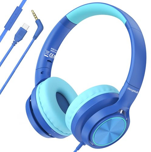 VkingMoR Casque pour enfants pour l'école, les voyages, USB de type C, volume sûr, 94 dB, avec micro stéréo HD, casque pliable pour garçons/filles/étudiants/tablette/voyage (bleu)