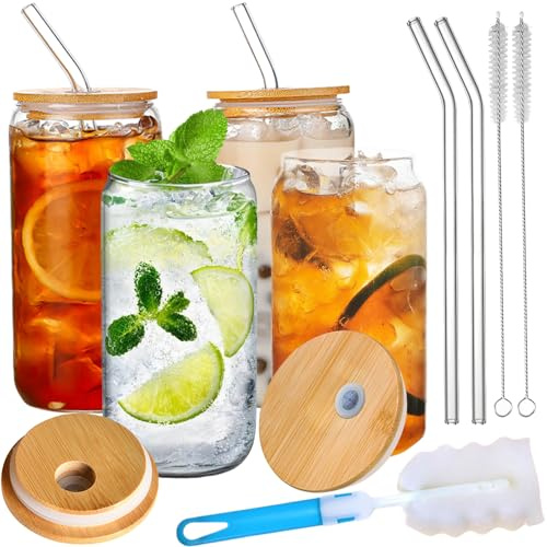 4 Piezas 500ml/17oz Vaso con Tapas Bambú, Pajita y Cepillo Limpieza, Copas Agua Reutilizable, Cristal Forma Lata para Cóctel, Bebidas, Batidos, Jugos, Cerveza, Soda, Café Helado, Té, Camping, Fiesta