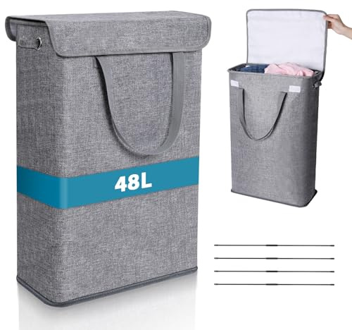Romon Paniers à Linge avec Couvercle, Laundry Basket Panier Linge Pliable 48L, Bac a Linge Sale Poubelle à Vêtements Sales Panier Rangement Corbeille a Linge pour Vêtements, Serviettes, Jouets, Gris