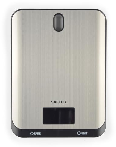 Digitale Küchenwaage Salter - Edelstahl-Lebensmittelwaage, misst Flüssigkeiten, nasse & trockene Zutaten, Kapazität 5kg/11lbs, Zutaten addieren & wiegen, ablesbares LCD-Display, Batterie inklusive