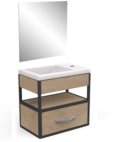 Mueble Lavabo con Espejo y 1 cajón de Madera ecológico – Color Roble Hamilton y Acabados Negros – Baño Gama Line – 25 x 27 x 40, 3 cm