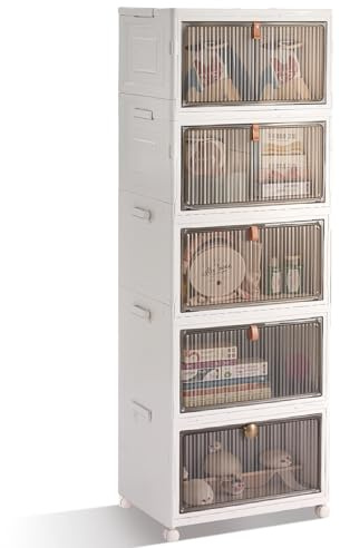 BTGGG 5 Tier Aufbewahrungsbox mit Deckel, 20L*5 Kunstoffboxen Aufbewahrungsboxen Stapelbar Plastikboxen Klappbox mit Deckel, Faltbare Aufbewahrungsbehälter Aufbewahrungsboxen mit Türen und Rollen