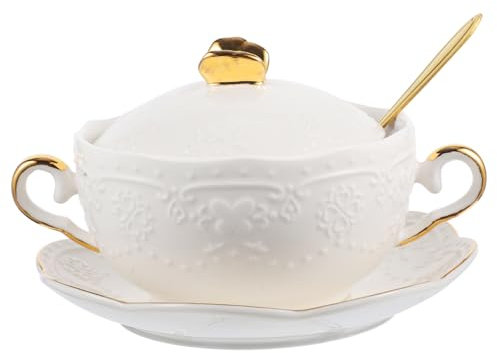VINTORKY Bol à Ragoût à Double Poignée Bol à Dessert en Céramique 500 Ml Porcelaine Fine Motif Doré avec Couvercle pour Petit-déjeuner Ensemble 3 Pièces Style Aléatoire