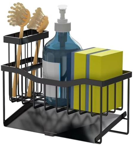 Kitchen Caddy Sink Organiser, Black Sink Tidy Self Draining Sponge Holder Washing Up Caddy Organizer with Removable Brush Holder - 304 Stainless Steel