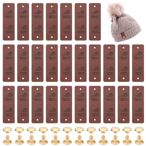 UNICRAFTALE 50Stk Handarbeitsetiketten für Stricken Nähen DIY | Braun,Rechteckig,Prägeetiketten,PU-Leder,Mit Eisenniete,Für Mützen,Taschen,Kleidung,76mm