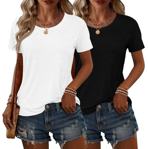 KILISU 2PCS Women Short Sleeve T Shirts Crew Neck Solid Soft Basic Tee Casual Loose Fit Lightweight Summer Tops Clothes 2025 (US, Alpha, Large, Regular, Regular, White+Black)