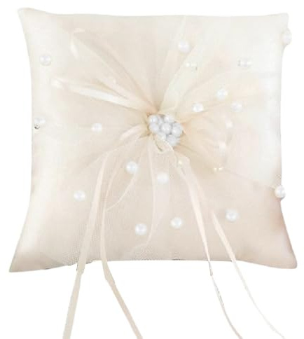 DOKRIN Cuscini portafedi,Cuscino per fedi color champagne, in pizzo e perle, decorazione per matrimonio, 15 cm