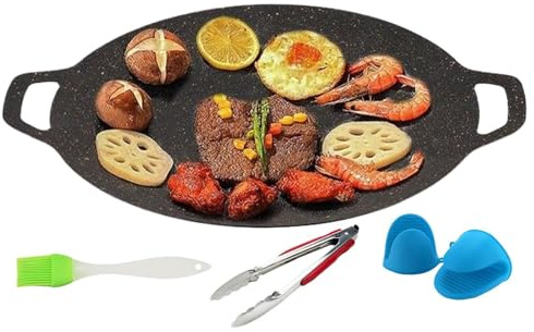 Ziennhu Poêle Grill Coréenne | Poêle à Griller Ronde Antiadhésive avec Poignées,Ustensiles Barbecue avec Brosse Gants et Pincettes - Pour Repas en Famille Maison Extérieur Camping Voyage et Fêtes
