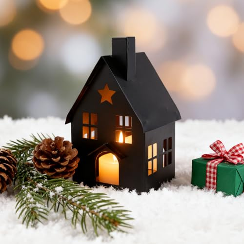 Joxessaien Weihnachtsdeko Lichthäuser Schwarz, Metall Teelichthaus mit LED Kerzenhalter, Weihnachts Deko Häuser für Tisch, Fensterbank und Kamin