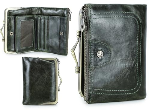 Contacts Portafoglio RFID da donna con chiusura a bacio, portamonete compatto da donna in vera pelle con tasca con cerniera vintage, porta carte di credito, piccola pochette con finestra per documento