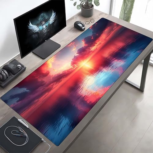 Gaming Mauspad 1600x800x3mm Gaming Mousepad XXL Sonnenuntergang Rot Mauspad Schreibtischauflage, Genähte Kanten Mausmat, rutschfeste Gummibasis, Schreibtisch Schutz für Büro, Geschenke PjY11050 4-A