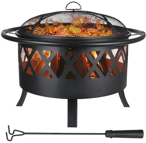 TLSUNNY Round Fire Pit, 32 Inch Wood Burning Fire Bowl with Grill, Insulated Outer Ring, Spark-Proof Cover & Poker, Portable Retro-Look FirePit for Outdoor/Garden/Patio/Camping