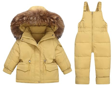 2-delad snödräkt, barn vinter pufferjacka och haklapp snöbyxor ultralätta skidoveraller med huva dunkappa och haklapp byxor outfit set, gUL, 80
