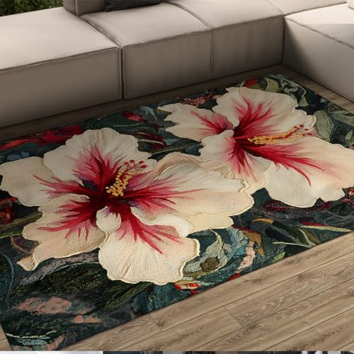 Alfombra de área de Elegancia Oriental, Alfombra Floral de Hibisco, alfombras Finas Lavables para salón, Dormitorio, Comedor, Sala de té, decoración Interior Antideslizante 90x120cm