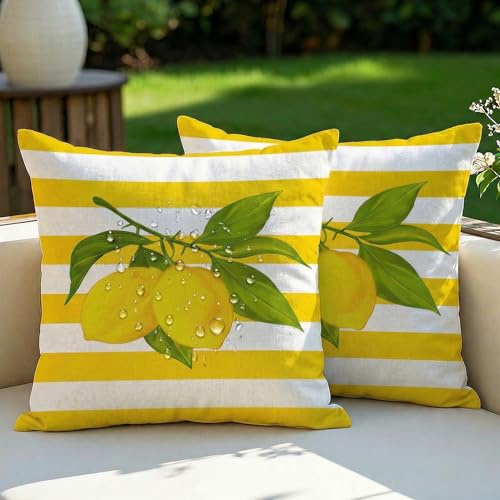 Vorysum Outdoor Wasserfest Kissenbezug 40x40 cm 2er Set Zitrone Blumen Dekokissen Modern Kissenhülle Sommer Sofakissen für Garten Sofa Balkon, Poolkissen Camping