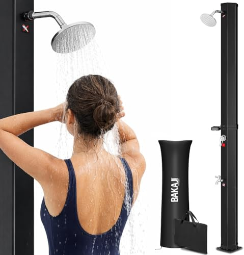 BAKAJI Ducha Solar para jardín, Piscina Exterior, Camping, depósito de 20 l con alcachofa Ajustable, Mezclador de Agua Caliente, conexión Manguera de jardín (40 litros)