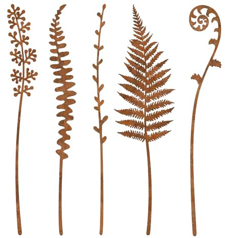 Pali decorativi da giardino, set di decorazioni rustiche per esterni, 5 pezzi, ornamenti retrò a forma di felce e fiori, pali da giardino in metallo, durevoli accenti per prato e portico, per terrazza