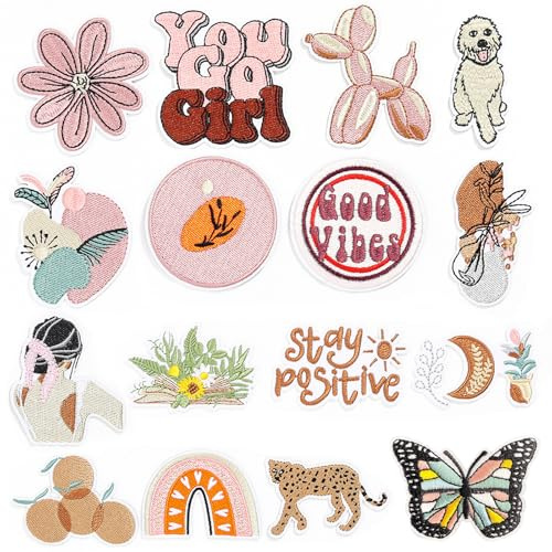 16 Stück Hippie Bügelbilder Patches zum Aufbügeln Boho Aufbügel Patches | Retro Bestickte Applikationen zum Aufbügeln für Kleidung Rucksack Jacken Jeans Hemd DIY Handwerk