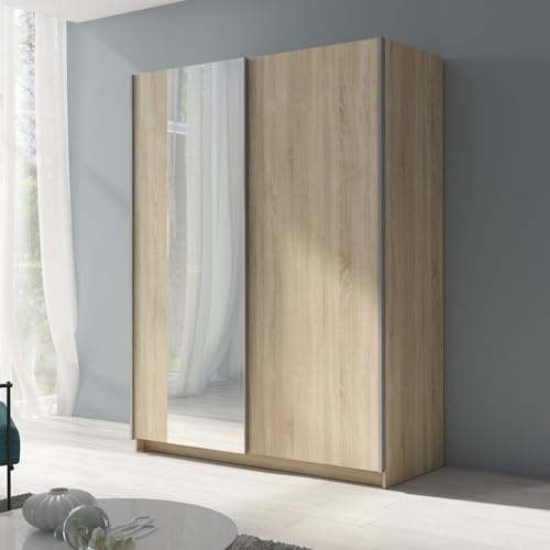Home Collective Schwebetürenschrank Kleiderschrank Schrank mit Spiegel und Schiebetüren | viel Stauraum mit 4 Einlegeböden & Kleiderstange | modern Schlafzimmer Möbel | sonoma mit Spiegel | 150x198 cm