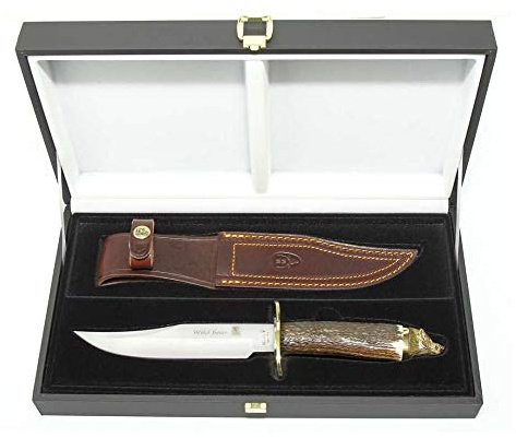 Muela Cuchillo WOLF-16A hoja de acero ACX-380 de 16 cm y empuñadura de asta de ciervo para Caza, Pesca, Supervivencia y Bushcraft Realizado en Ciudad Real + Portabotellas de regalo