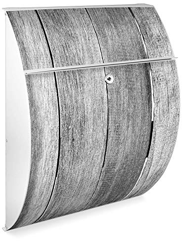 banjado Design Briefkasten - Modell Riviera 46x33,5x13cm groß - verzinkter Stahl weiß - Postkasten Öffnungsstopp großer A4 Einwurf Zylinderschloss 2 Schlüssel - Motiv Holz Monochrom