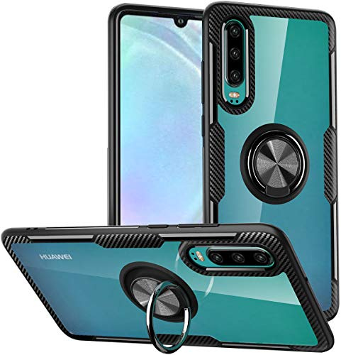 Schutzhülle für Huawei P30, Schutzfolie, Glasfaser, Kristall, klar, mit Einer um 360 Grad drehbaren Halterung für Fingerringbuchse [magnetische KFZ-Halterung] für Huawei P30, schwarzer Rahmen