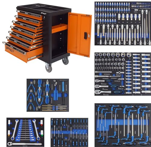 Holmwerk Werkzeugwagen bestückt 252 TLG. XXL Werkstattwagen gefüllt 7 Schubladen + Seitenfach abschließbar 6 bestückte Schubladen mit Schaumstoffeinlagen | Montagewagen Assistent (orange)
