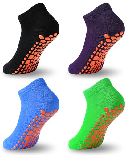 ELUTONG Kinder Rutschfeste Trampolin Socken, 4 Paar Jungen und Mädchen Baumwolle Stoppersocken mit Antirutsch Noppen EU 29-33 (schwarz+dunkel lila+blau+grün)