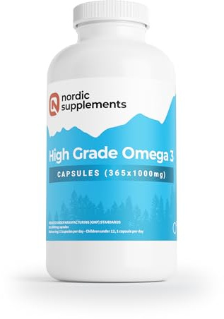 Nordic Supplements High Strength Pharmaceutical Grade Omega 3 Fish Oil Capsules, 1000 mg, Pot of 365 Capsules
