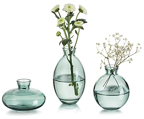 Kleine Vasen Für Tischdeko Vintage Handmade, 3 Teilig Mini Vase Glas Grün Blumenvase Modern Set Verschiedene Groessen Schlanke Hydroponic Glasvase Fuer Blumen Deko Hochzeit Tisch Wohnzimmer Couchtisch