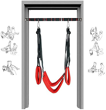 AILZNN Bondage Sex Schaukel Set Liebesschaukel Für Paare Tür Hängen, Türschaukel SM Fetisch Fesseln Kit Mit Edelstahl Stützstange Sexschaukel Sexspielzeug, Belastbar Bis 150 Kg, Rot, Türrahmen65-85cm