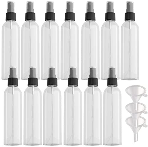 PQPAUTY 15 Piezas Pequeño 250ml Botella de Spray Plástico PET Vacías Transparentes con Bomba en Spray Negro, Niebla Atomizador para Perfume Viaje Artículos de Agua Cosmético,3 Pieza Embudo