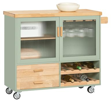 SoBuy Mobile Kücheninsel auf Rollen mit 2 Glastüren, Küchenwagen mit Arbeitsplatte Rollwagen Küche Küchen Aufbewahrungseinheit auf Rollen für das Esszimmer Grün und Natur B109 × H92 × T40 cm FKW114-GR