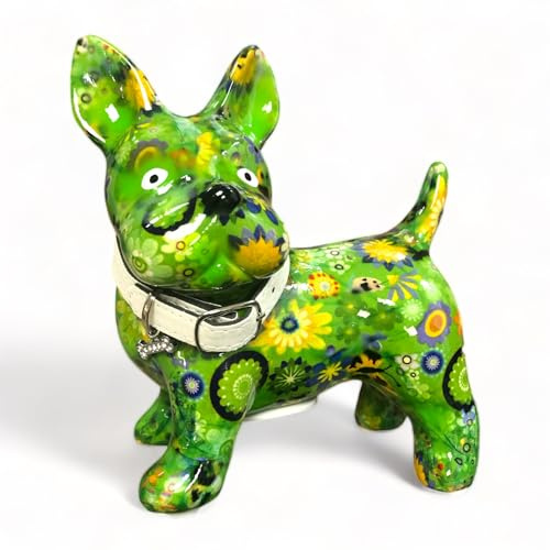 Pomme Pidou Spardose Hund Boomer mit Blumenwiese Motiv Sparbüchse aus Keramik Tierspardose mit Papiertechnik hergestellt H17,5 x B11,5 x T18 cm