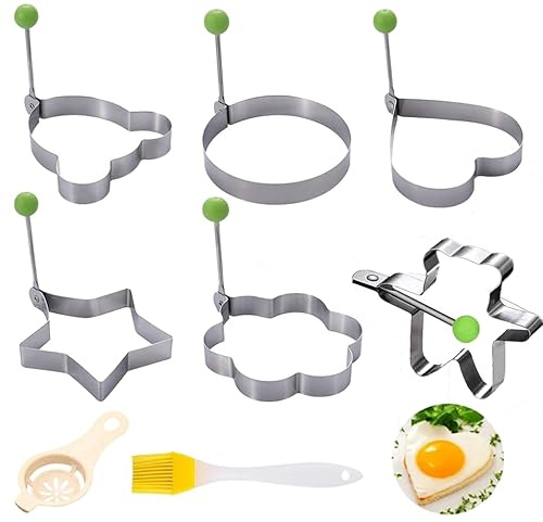 Yuqilin 6 stycken stekta äggformar mögel, rostfritt stål stekt äggform, med 1 borste och 1 äggulaskärare, stekt äggform, med vikbara handtag stekt äggform, för omeletter, pannkakor