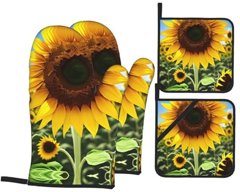 Set di guanti da forno e presine con girasole giallo, perfetti per cucina e San Valentino, set di guanti da cucina resistenti