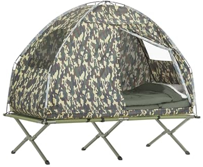 SoBuy faltbar Survival-Zelt Feldbett mit Zelt Feldbett 4 in1 Camping Set mit Schlafsack Wurfzelt Matratze und Zubehör Zelt 1 Person 1 Mann Zelt Outdoor Tarnfarbe BHT ca. 193x160x86cm OGS32-TN