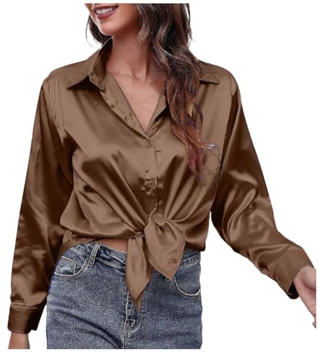 QWUVEDS Blusa de seda de satén para mujer, camisa con botones, informal, holgada, de manga larga, trabajo de oficina, blusa de edición larga, blusa elegante de encaje transparente