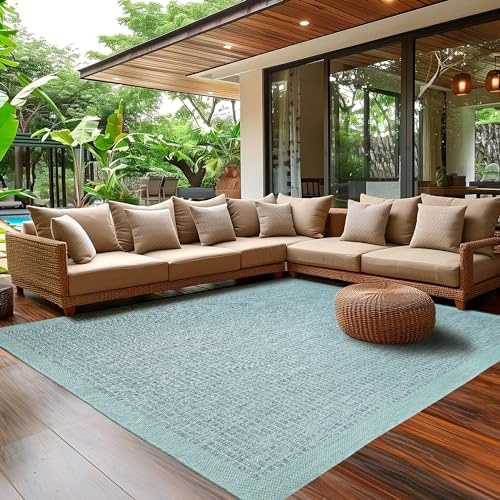 SIMPEX In- & Outdoor Teppich Wetterfest 240 x 340 cm Einfarbig Blau - Waschbar, Wasserfest, Pflegeleicht und Flachgewebe - Ideal für Balkon, Garten, Terrasse und als Küchenteppich